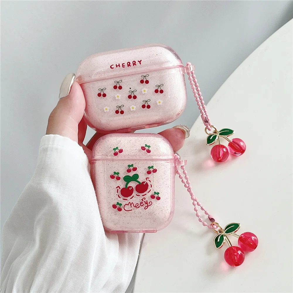 Cute Luxury Flash Pink Cherry Airpods Case For AirPods1/2/3/Pro Generation TPU AirPods 2 3 Pro Anti-fall With 3D Pendant