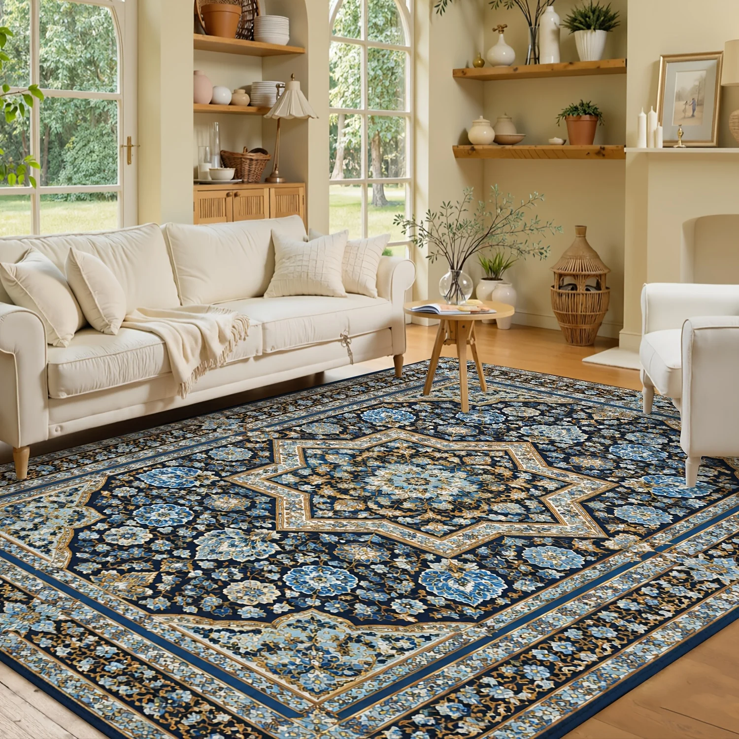 [2d Flat]Persian-inspired Design Featuring Eight-pointed Stars And Floral Motifs, Complemented By An Ornate Border Of Blue And Gold blossoms—perfect For Decorating Living Rooms, Sofa Areas, And Bedrooms.