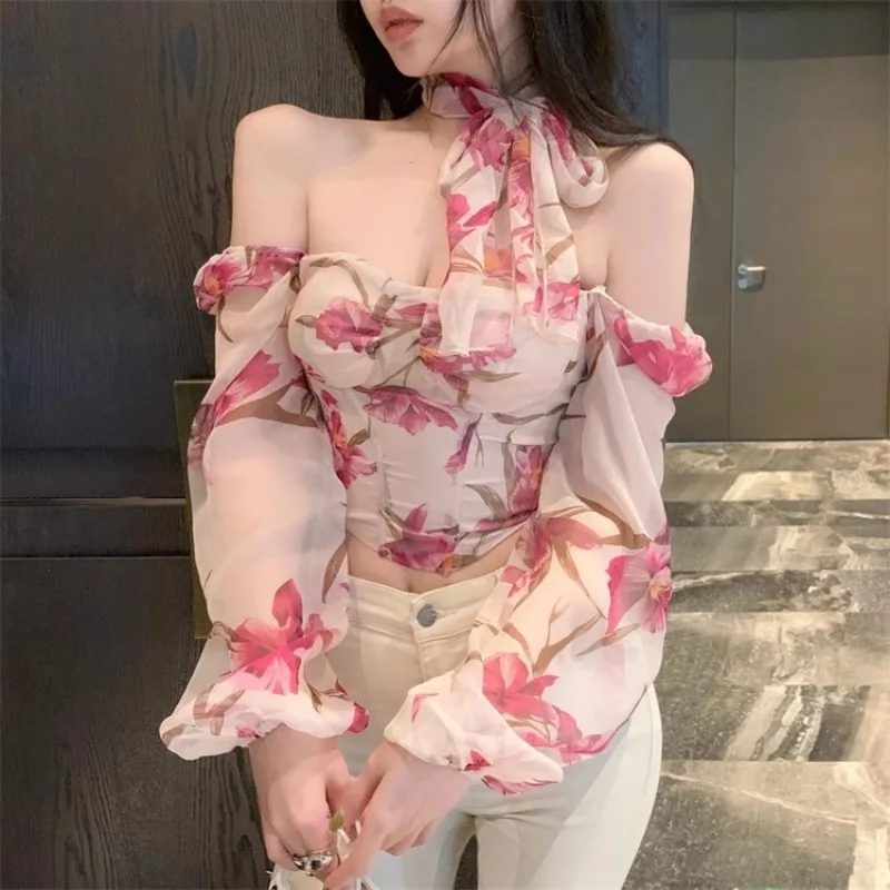 Ezgaga Sexy Blouse Women Elegant Floral Printed Square Collar Long Sleeve Crop Tops Vintage Sweet Ladies Shirts Casual