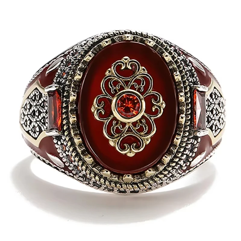 Jianjie Turkish Signet Rings for Men Retro Inlaid Red Zircon Collision Punk Banquet Accessories Trend Gift