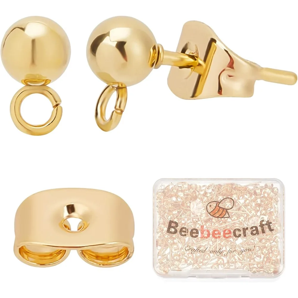 

100PCS 24K Gold Plated Earring Studs with Loop Ball Post Earring Findings with 100Pcs Butterfly Ear Back for DIY Jewelry Dangle