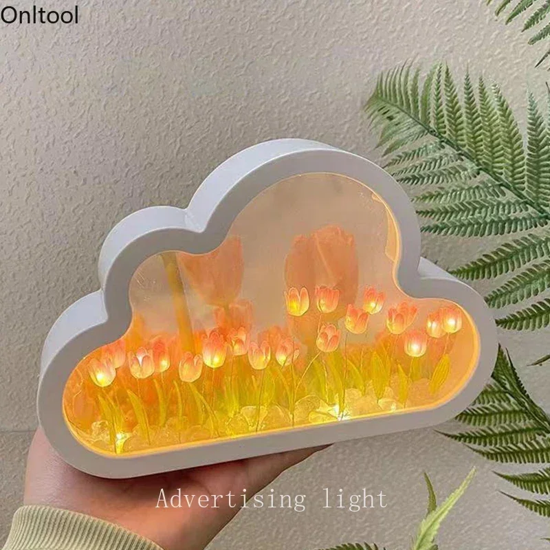 INS Handmade DIY Cloud Tulip Mirror Small Night Light INS Girl Heart Living Room Desktop Decoration Birthday Gift Holiday Gift