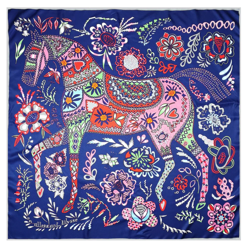 90cm Hand Rolled Famous Race Horse Twill Silk Square Scarf Women Shawl Brand Hijab Scarf Foulard Head Scarves Design Bandana