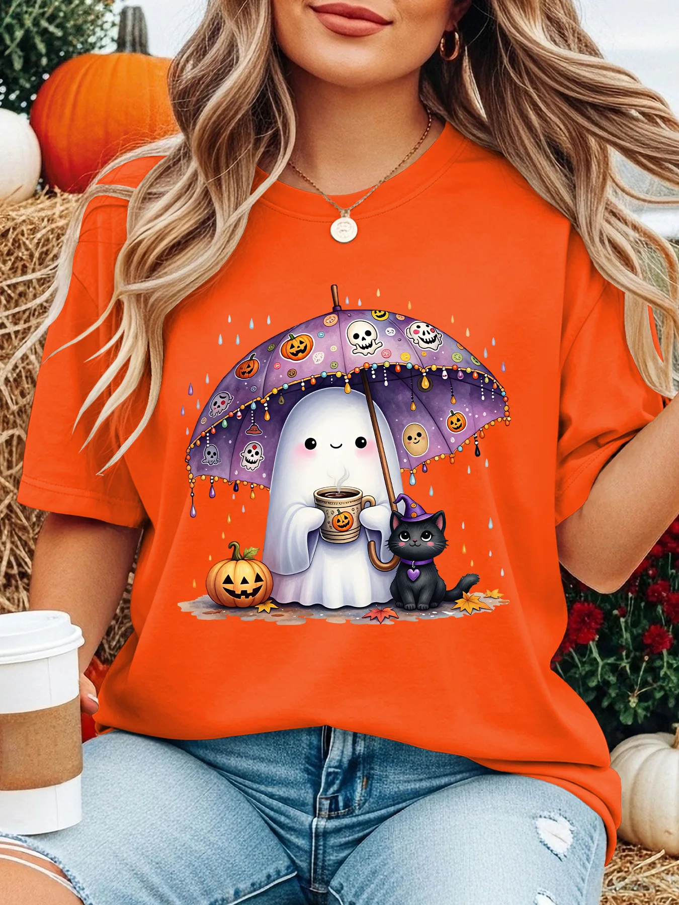 Women Crew Neck Tee Cute Ghost Umbrella Black Cat Graphic Print Short Sleeve Loose Ladies Summer Cotton Plus Size Casual Top