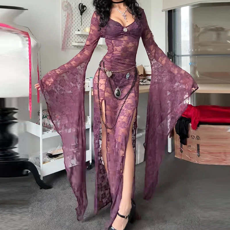 เดรสยาวรัดรูปสไตล์กอธพังก์สำหรับผู้หญิง ผ้าลูกไม้ซีทรู แขนยาวทรงค้างคาว สไตล์ Y2K แฟรี่ กรันจ์ ผ่าข้างพลิ้วไหว