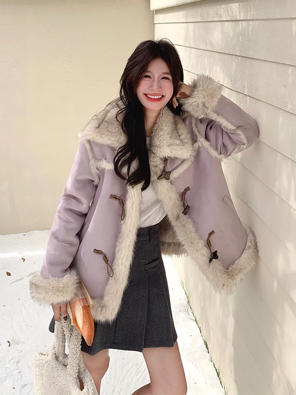 

Фиолетовая женская куртка из овечьей шерсти, утепленная, осенне-зимняя, уникальная, красивая, хлопковая, повседневная, свободного кроя, с отложным воротником