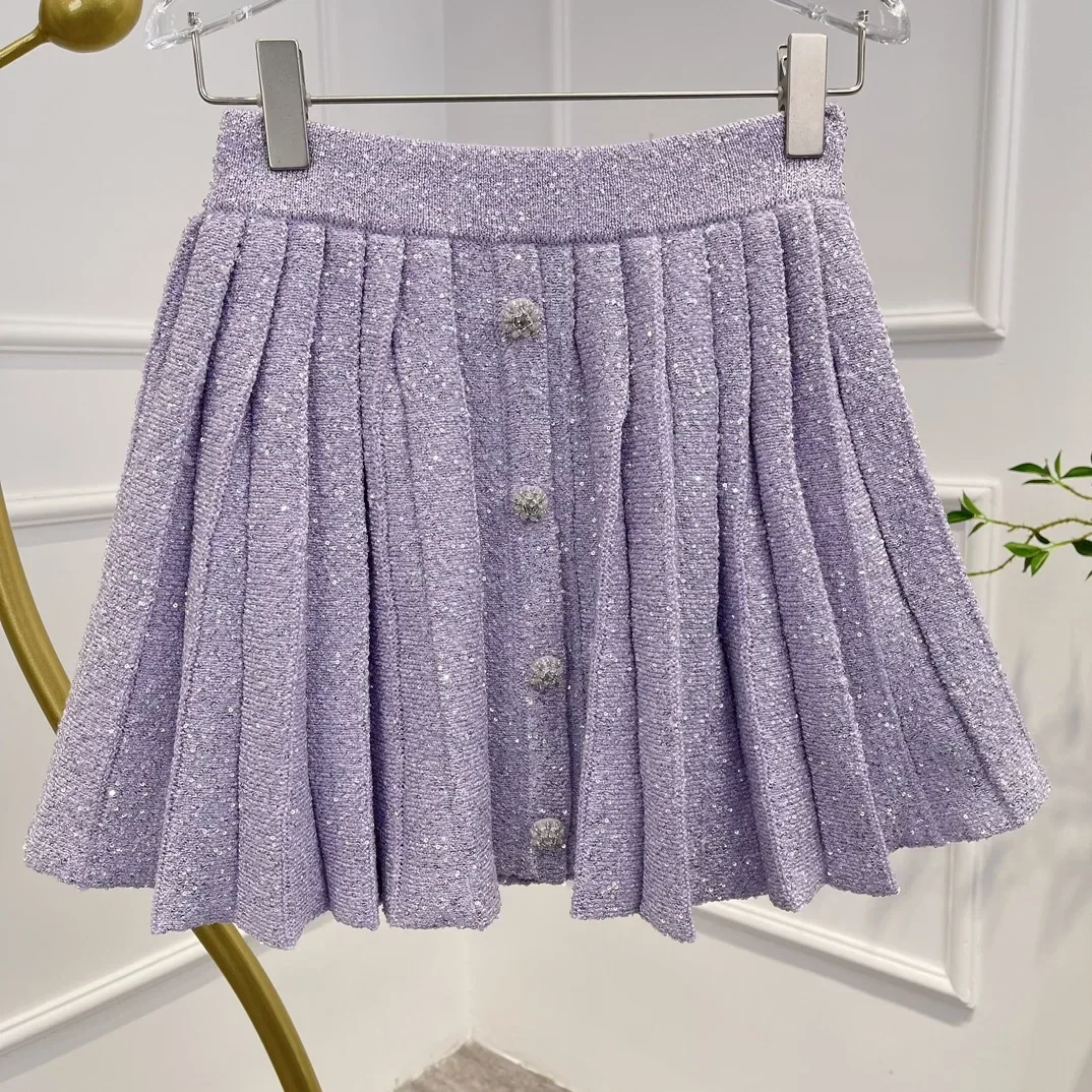 2023 Purple New Collection High Quality Elegant Sequins Pockets Fashion Jacket and Mini Folds Sweet Skirt Woman Set
