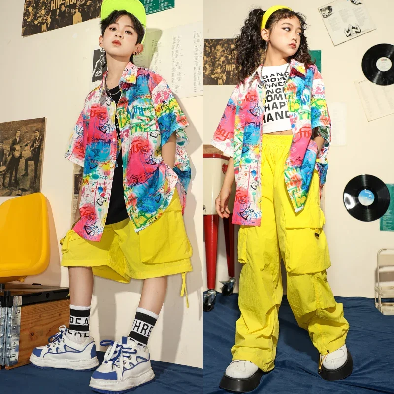 

Girls Boys Tops Cargo Hip Hop Pants For Child Jazz Dance Costume Clothes Kids Oversize Vintage Print Shirt Street Wear Clothing