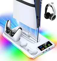 Soporte de refrigeración para PS5/Slim/Pro con estación de carga de controlador LED, ventilador de refrigeración de 3 engranajes para accesorios de consola PlayStation 5