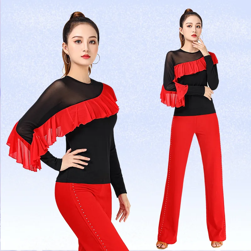 Latin dance top, new modern dance guitar dance suit, mesh flowing wave sleeves, red long sleeves