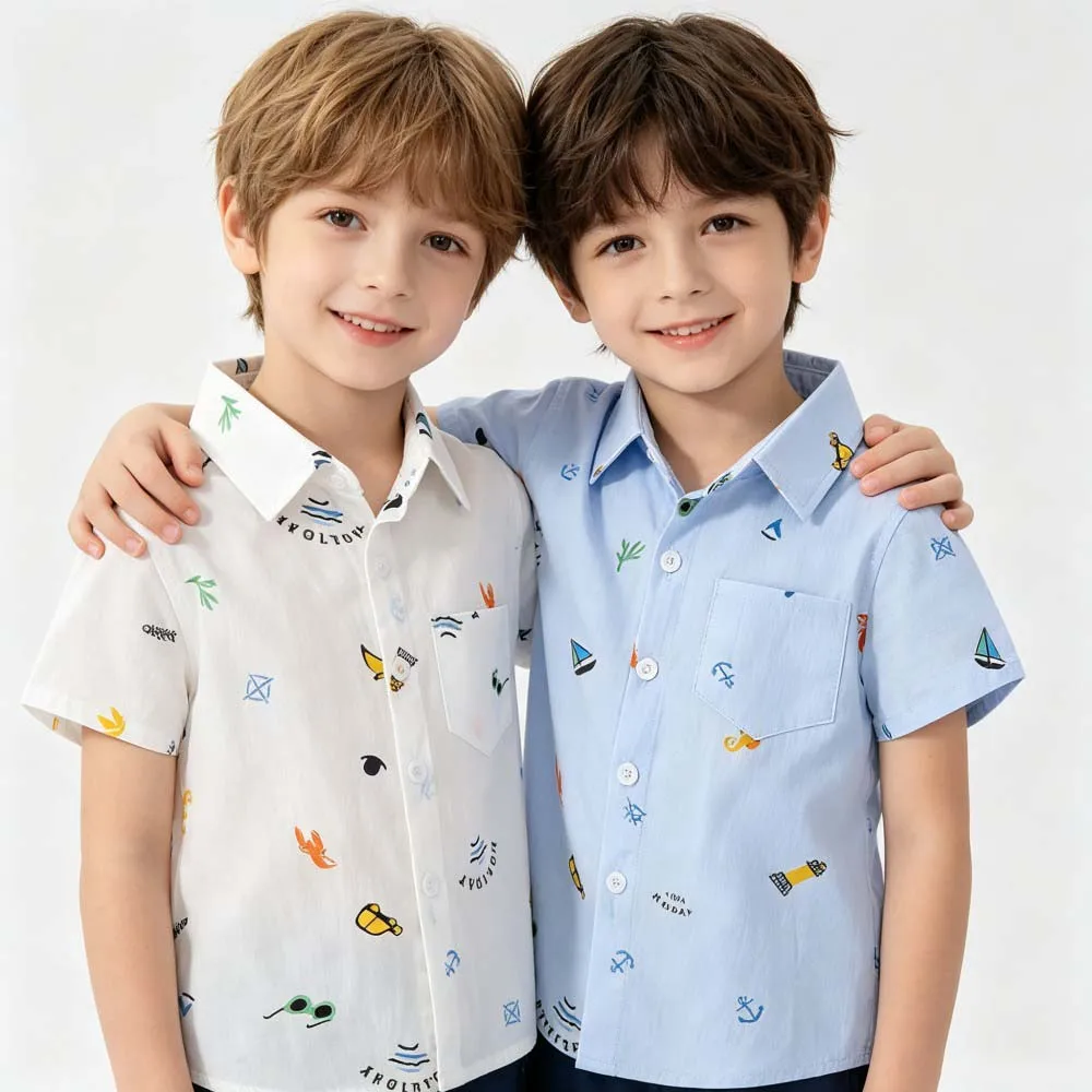Summer Boys Short Sleeve Shirt Sailboat Anchor Print Cotton Turn‑down Collar Kids Casual Beach Shirts Tops Children Clothing