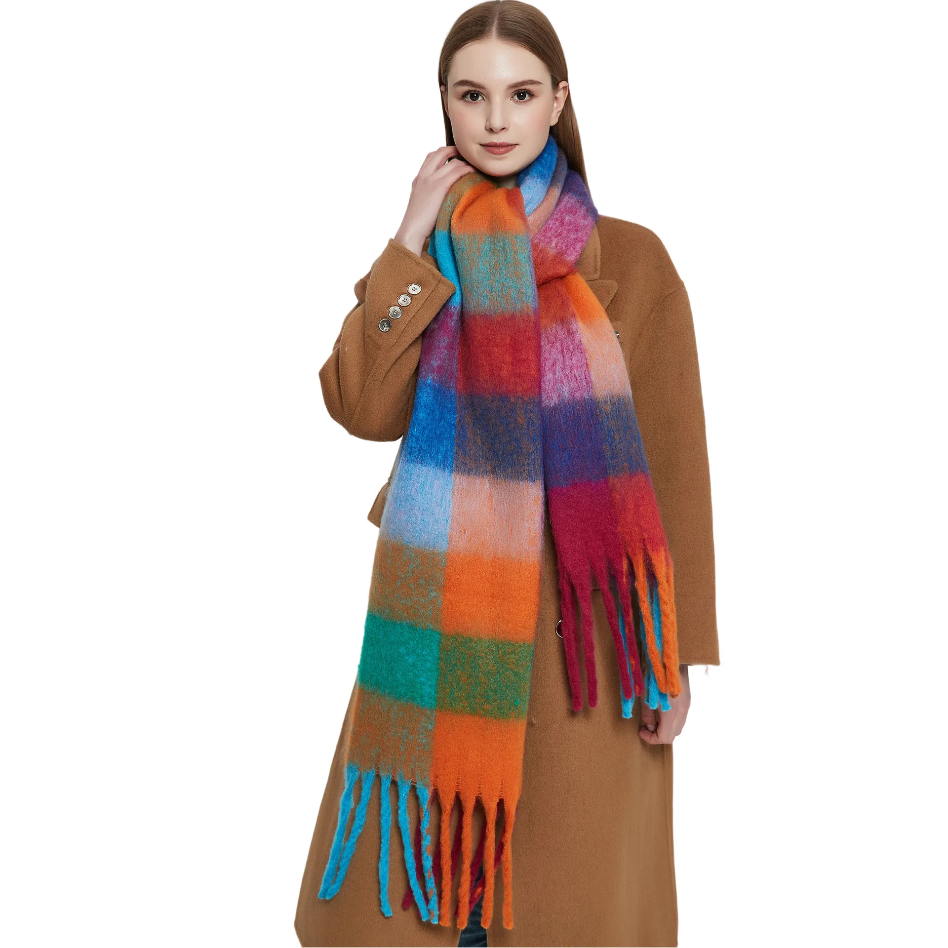 

59 230cm Multicolour Plaid Female Yarn Thicken Faux Mohair Tassels Scarf Women Autumn Winter Tassel Long Shawl Warm Ring