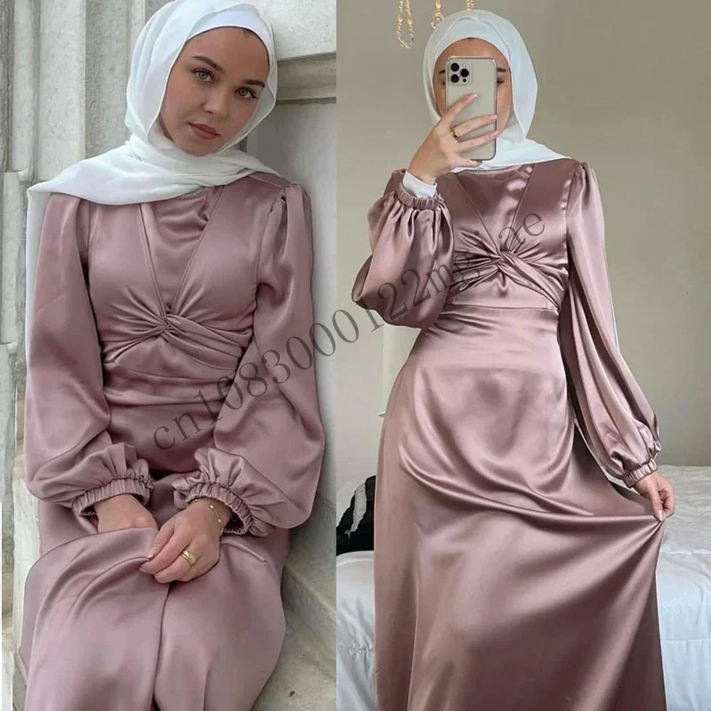 Muslim Abayas Women Islamic Clothing Pakistan Ramadan Satin Dress Female Solid Color Casual Full Sleeve Dubai Abaya Turke CMM221