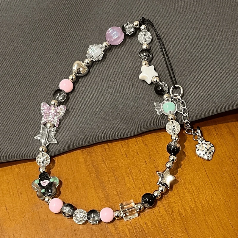 Korea Lila Perlen Blume Süßigkeiten Schmetterling Armband Telefon Kette Anhänger Für iPhone Universal Zubehör Kette Stilvolle Schmuck – Detail 6