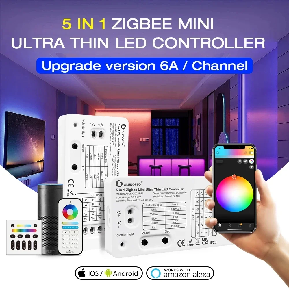 GLEDOPTO Zigbee3.0 DC5-24V Smart Mini 5in1 Ultra Thin RGBCCT/RGBW/RGB/WWCW/Dimmer LED Strip Controller