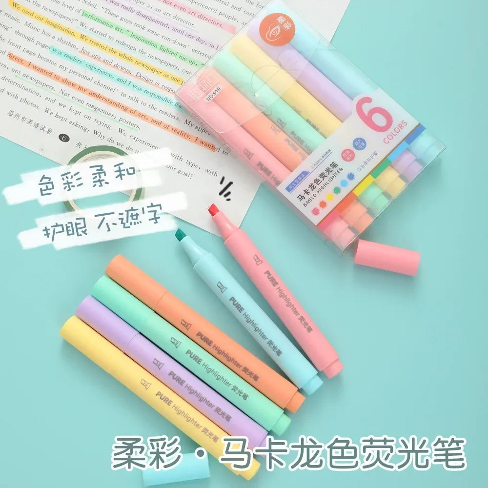 6-teiliges Pastell-Textmarker-Set – Macaron-Farbmarker-Set, niedliche fluoreszierende Zeichenstifte für Schule, Büro und Lernpapier – Detail 1