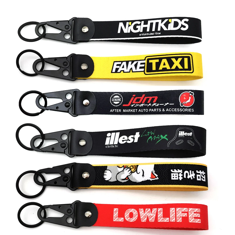 JDM Style Car Keychain Nylon Low Life Fake Taxi Gift Lanyard Keyring Auto Key Steel Spring Clip Key Starp Key Pendant Lucky Cat