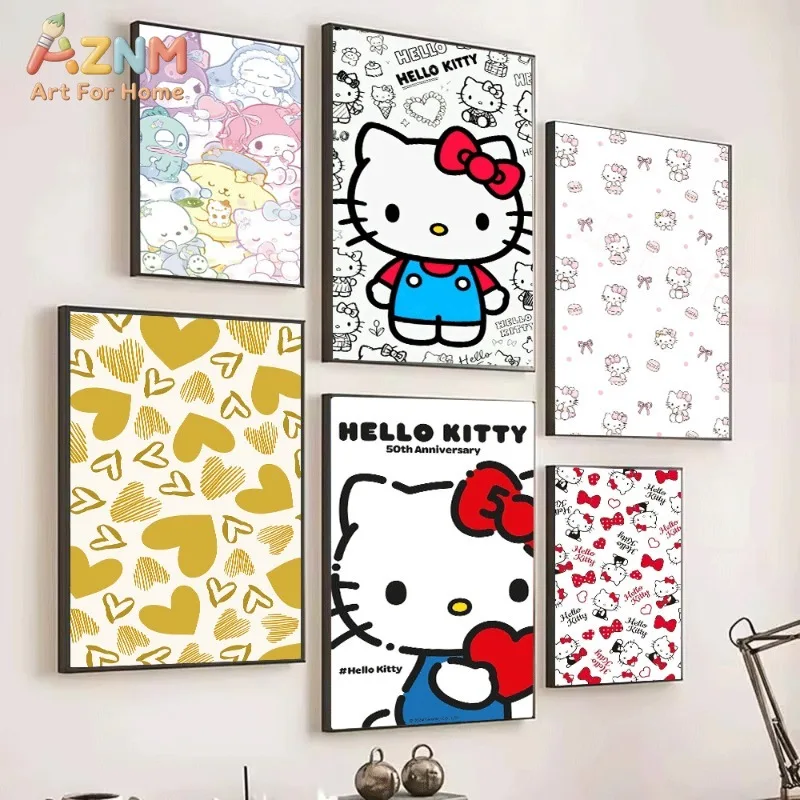 Sanrio Hello Kitty Multi Pattern Canvas Wall Art No Frame Cute White Cat Cartoon Poster Strawberry Heart Print Kids Bedroom Wall