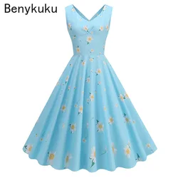 2024 Summer Outfit Woman Fresh Light Blue Daisy Print Dress Women Sleeveles V Neck Vintage Swing Girls Party Dresses Ropa Mujer