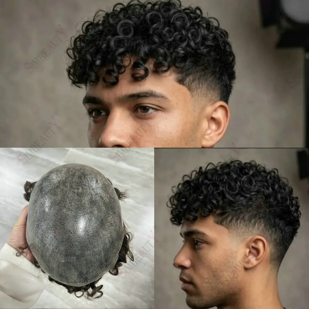 18mm Curly Full PU 0.1mm Thin Skin Toupee Male Hair Prosthesis Human Hair Replacement System Unit Remy Hair Capillary Prothesis
