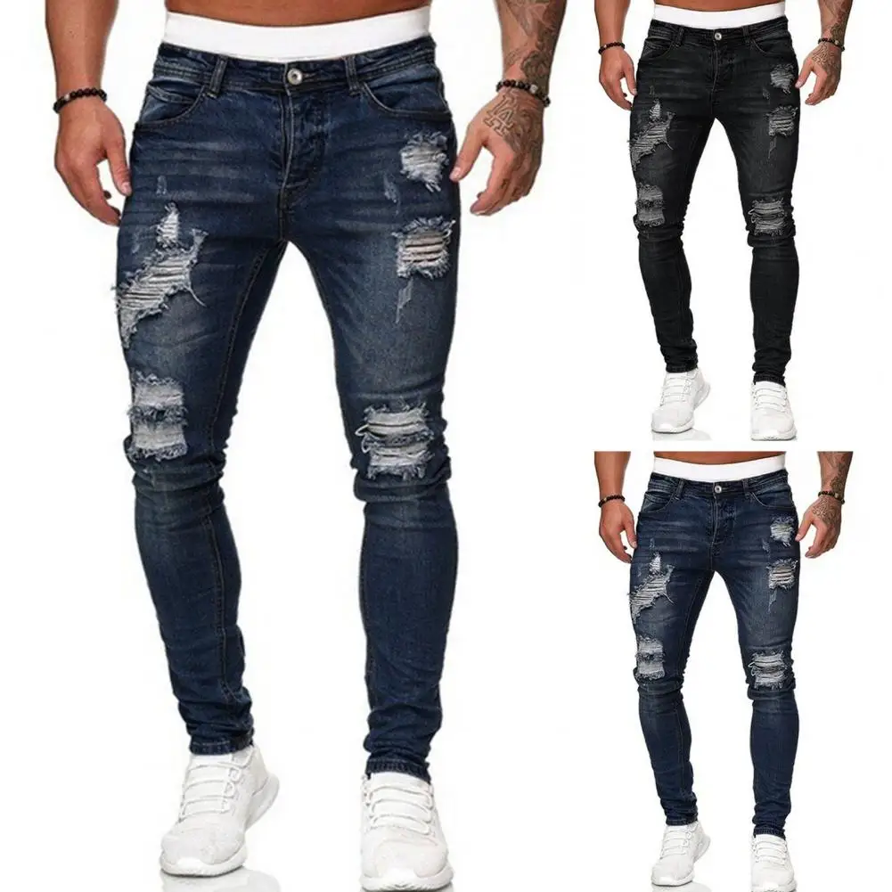 Button-zip Closure Jeans Stylish Men's Ripped Jeans with Slim Fit Breathable Fabric Mid Waist Button Zipper Closure Hip for Men