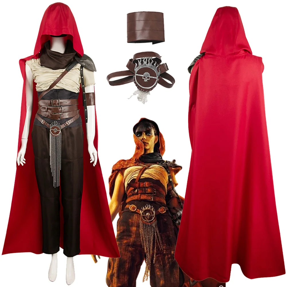 Furiosa Women Cosplay Red Cloak Costume 2024 Movie Furiosa Max Saga Roleplay Outfits Handguard Girdle Adult Halloween Party Suit