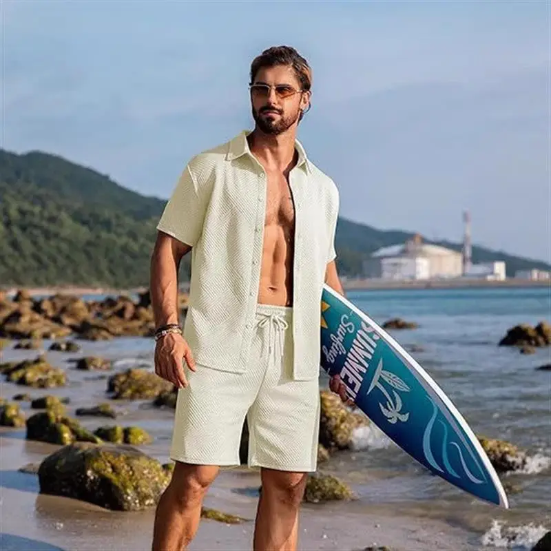 

Men's Casual Textured Beach Short Set Short Sleeve Autumn Collection Comfortable Breathable Sportswear Fashionable Men's Outfit