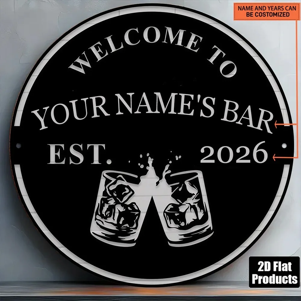 [2D Flat] 1pc Custom Round Bar Metal Sign, Cheers Whiskey Glass Home Bar Wall Decor (Only For Decoration)