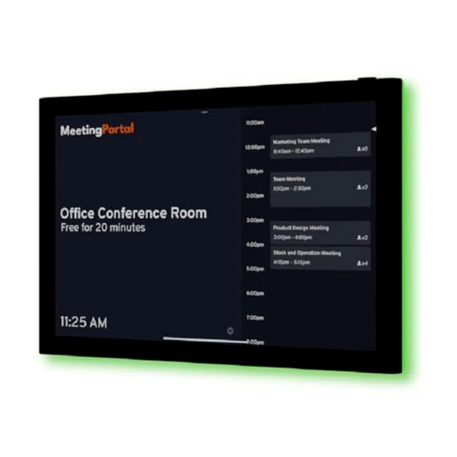 Conference room scheduler tablet aluminum alloy black PoE-powered 10-inch touchscreen with LED status ring and MeetingPortal ca