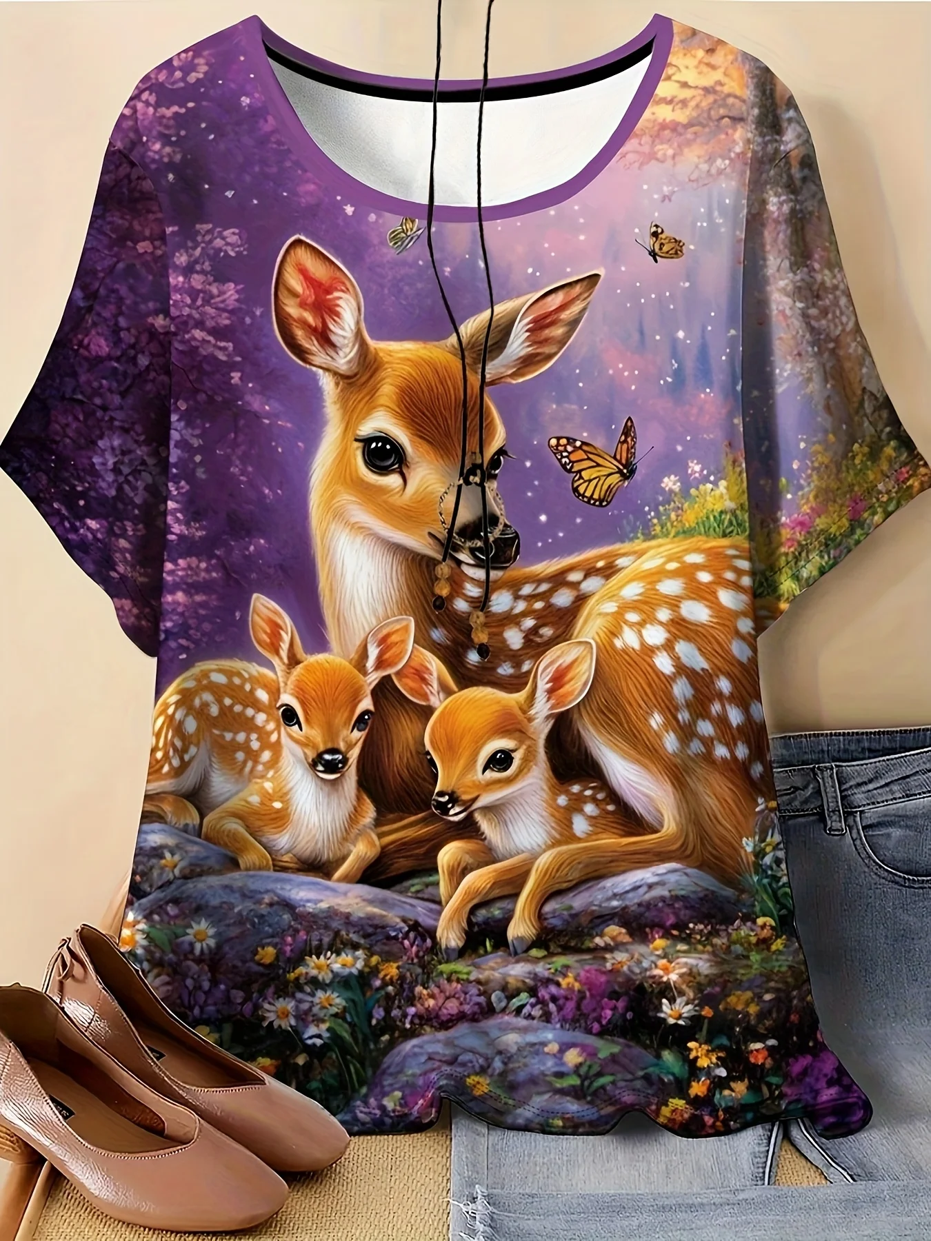 Women Crew Neck Short Sleeve T‑Shirt, Lovely Sika Deer Family With Butterflies Forest Purple Scenery Nature Graphic Casual