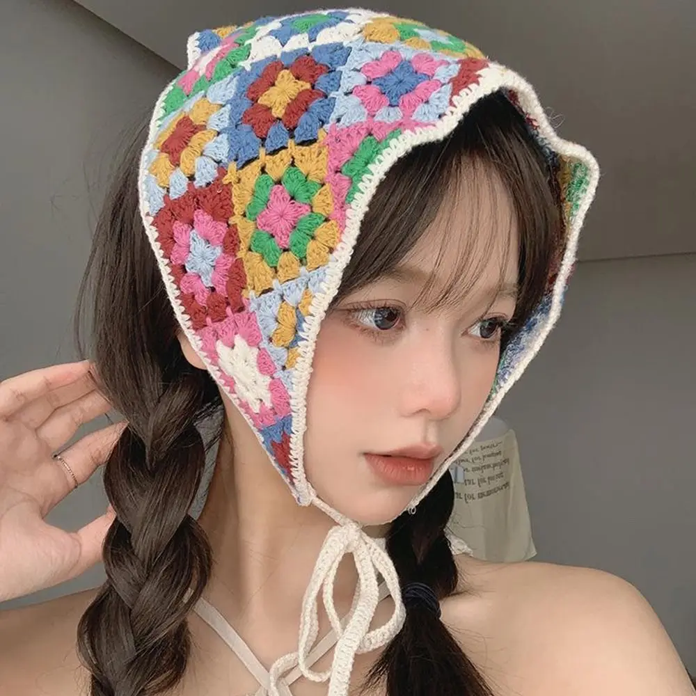 New Knitting Hollow Triangle Scarf Little Mushroom Cherry Hairband Hand-Crocheted Japanese Retro Bandage Hood Headbands