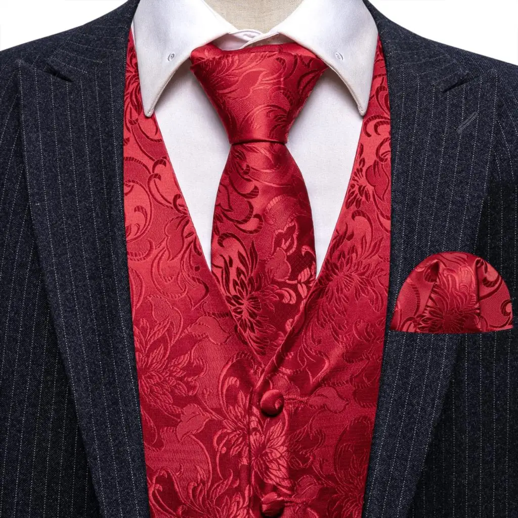 Elegant Men\'s Vest Dress Silk Embroidered Red Burgundy Paisley Flower Formal Suit Waistcoat Tie Set Jacket Wedding Barry Wang