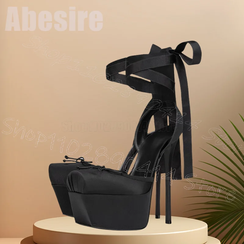 

Black Bow Knot Round Toe Platform Twine Pumps Lace Up Women Shoes Stilettos High Heels Party Banquet 2025 Zapatos Para Mujere