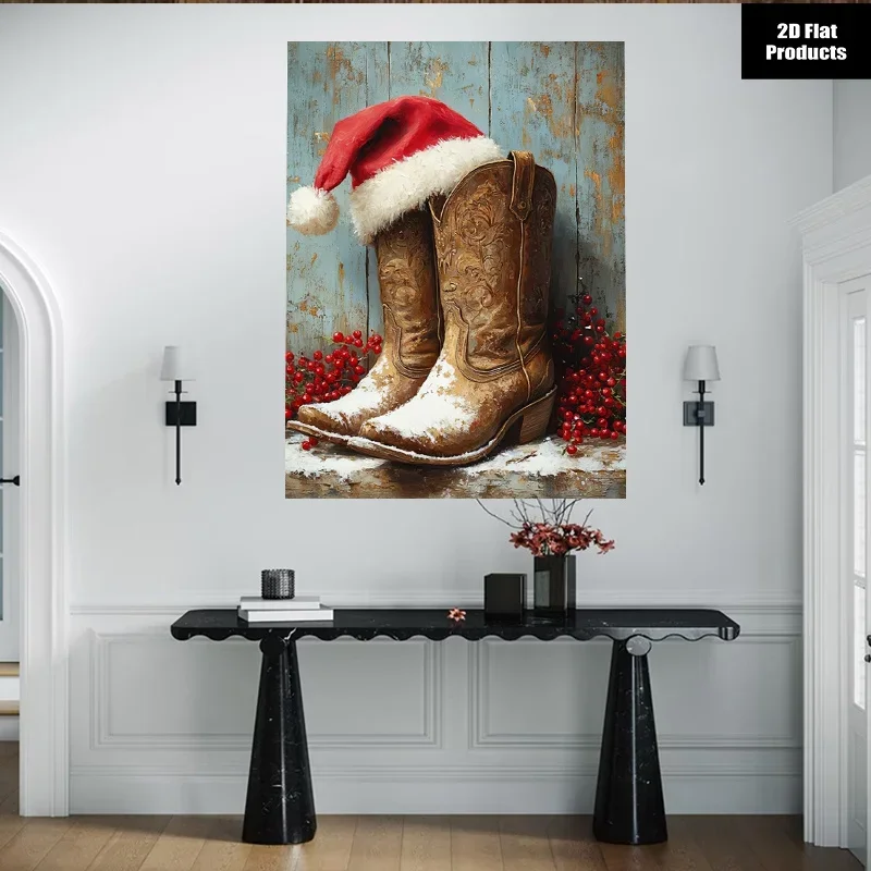 (No frame)2D Flat, 1pc Handmade Western Cowboy Boot & Santa Hat Wall Hanging Framed Canvas - Rustic Christmas Decor Suitable