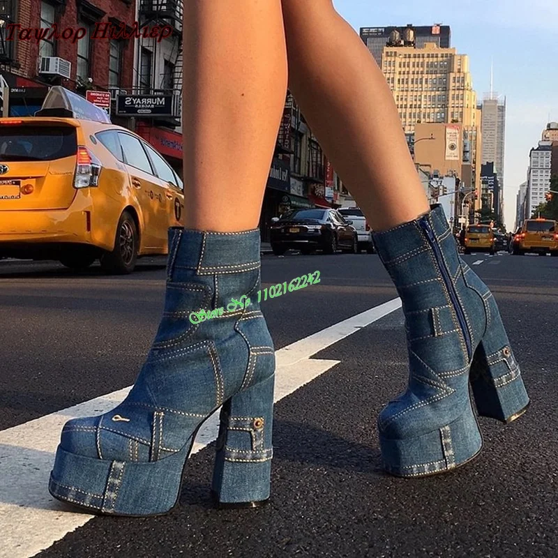 

Blue Denim Waterproof Platform Short Boots Round Toe Thick Heel Side Zipper Catwalk Stage Party Fashion Boots Women'S Autumn 47