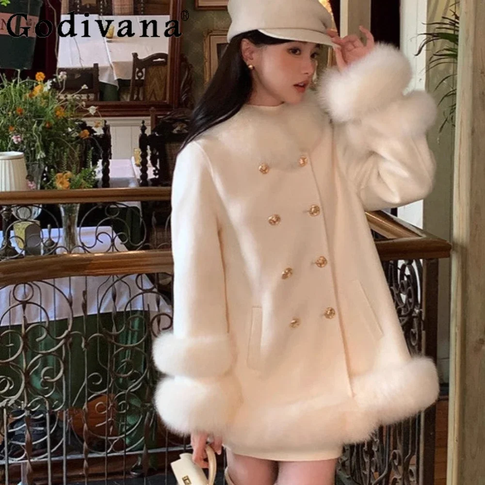 

2024 Autumn Winter New Court Style Coats for Women Splicing Double-breasted Fox Fur Coat Women's Thickened Coat