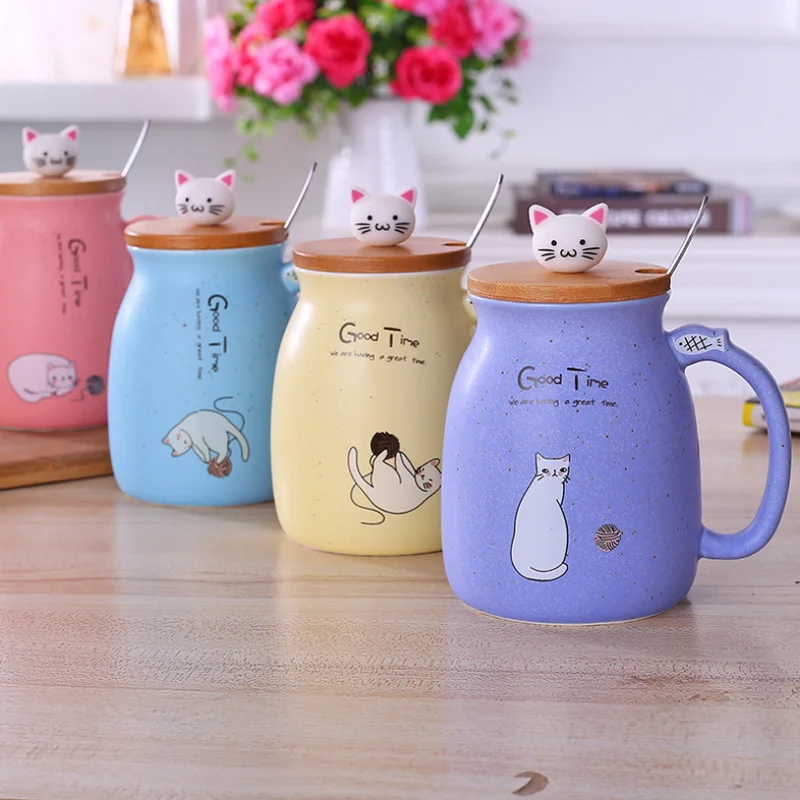 K-STAR Ceramic Cup Cartoon Coffee Milk Breakfast Cup With Wooden Lid And Stainless Steel Spoon Gift Cup Set 450ml New 2024