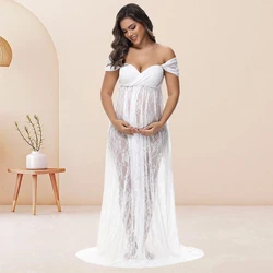 Maternity Summer Lace Sexy Long Dress Off-Shoulder High Waist Slit For PhotoShoot Baby Shower Pregnancy Women Bohemian Gown