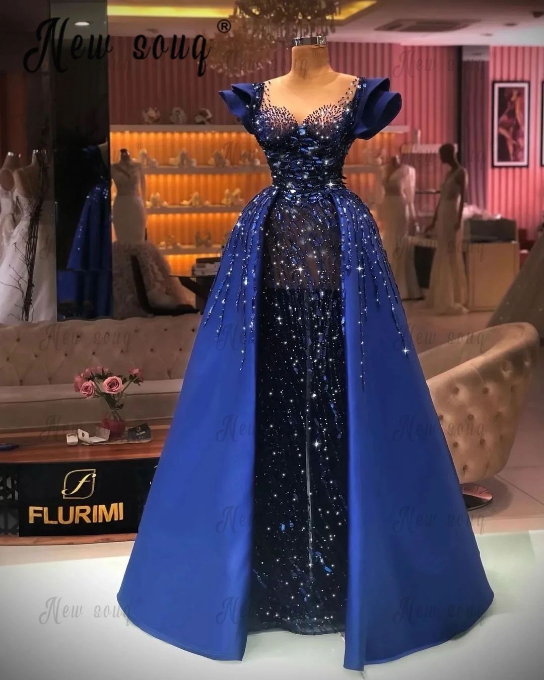 Elegant Royal Blue Evening Dress Arabic Luxury Robe de Mariée 2024 Detachable Train Full Beaded Formal Prom Party Dresses 프롬드레스