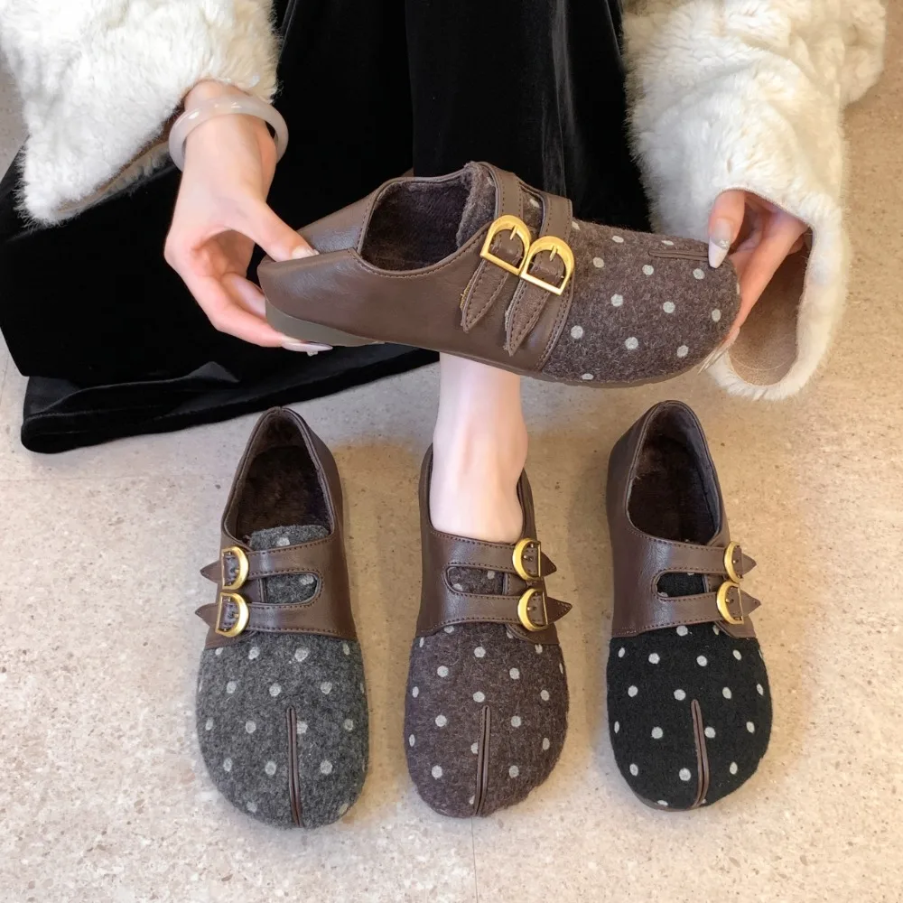 Women Tabi Split Toe Birken Flats Polka Dot Woolen Fleece Lined Winter Double Buckle Mary Jane Shoes