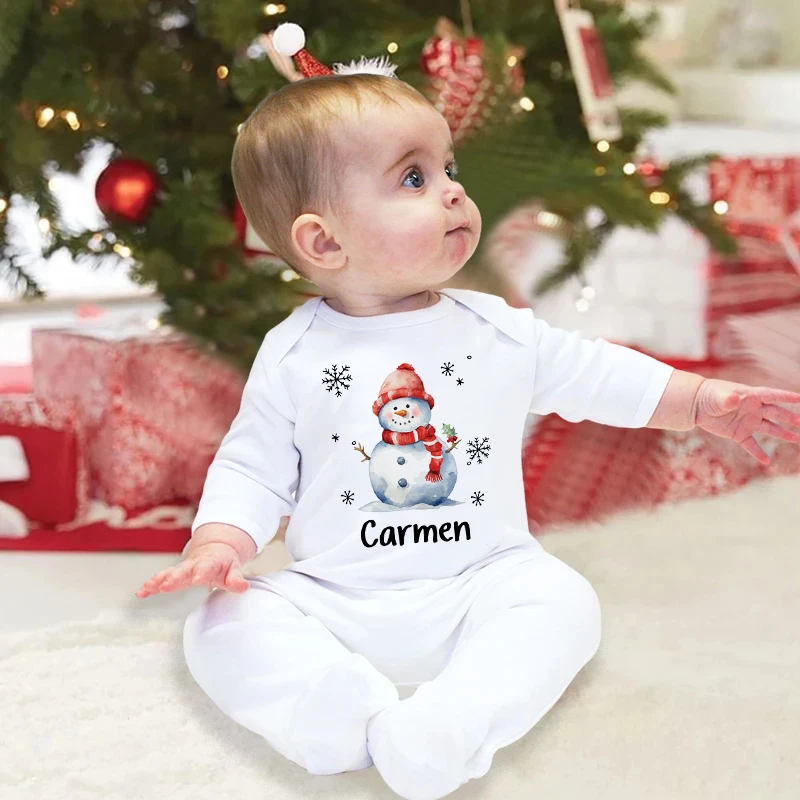 Personalized Snowmen with Name Baby Babygrow Bodysuit Infant Christmas Sleepsuit Newborn Long Sleeve Jumpsuit Baby Xmas Outfit