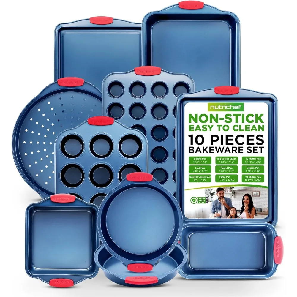 

10-Piece Nonstick Bakeware Set with Silicone Handles - Includes Pizza, Muffin Pans, Cookie Sheets, and More in Blue