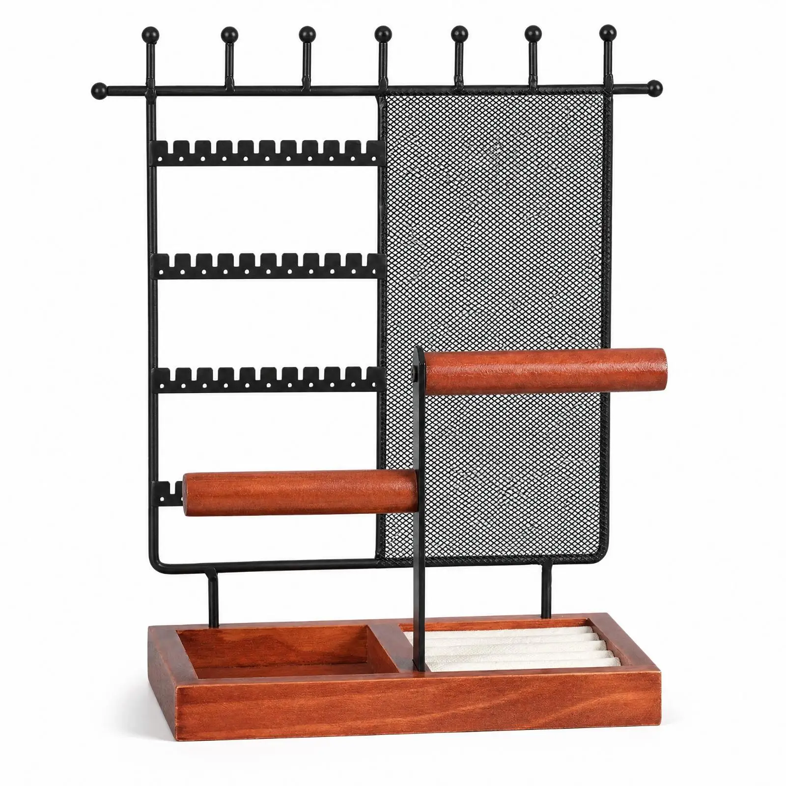 Freestanding Jewelry Display Rack with Wooden Base Tray for Necklaces Bracelets Rings Earrings Organizer for Vanity Countertop