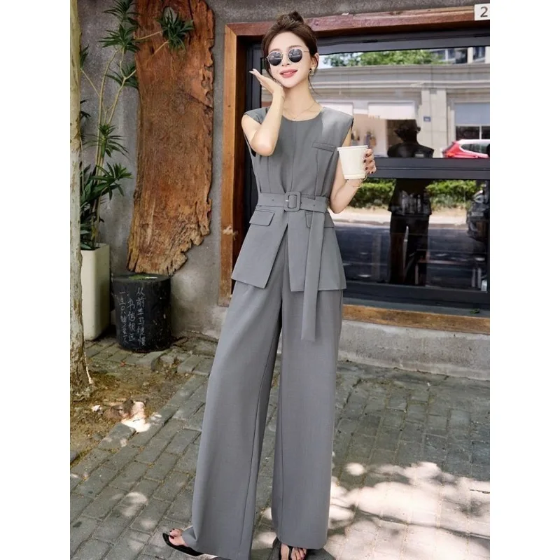 

A Two-piece Casual Set Extremely Popular Women Summer Complete Professional Waist-cinching Sleeveless Waistcoat Wide-leg Pants