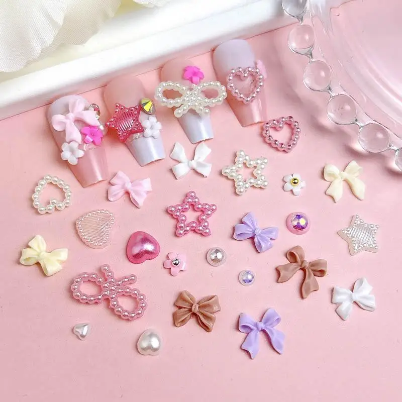 1Box Hollowed-out Pentagram Heart Nail Charms Solid Color Ribbon Bows Resin Nail Art Decorations for DIY Nails Designs Sets