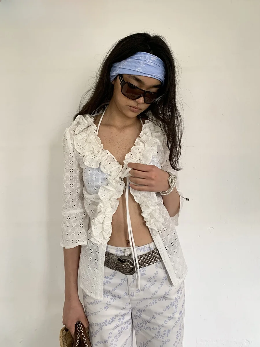 

Пляжный кардиган с цветочной вышивкой и кружевной отделкой, с поясом, из чистого хлопка, с многослойными оборками, V-образным вырезом, короткий, повседневный