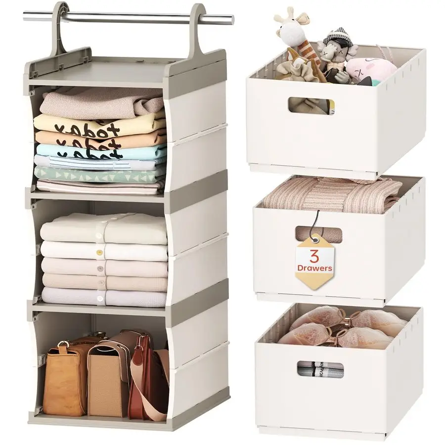 

3Shelf Hanging Closet Organizer with 3 Removable Drawer amp 6 Dividers, Plastic Hanging Shelves Foldable Closet Organizer and St