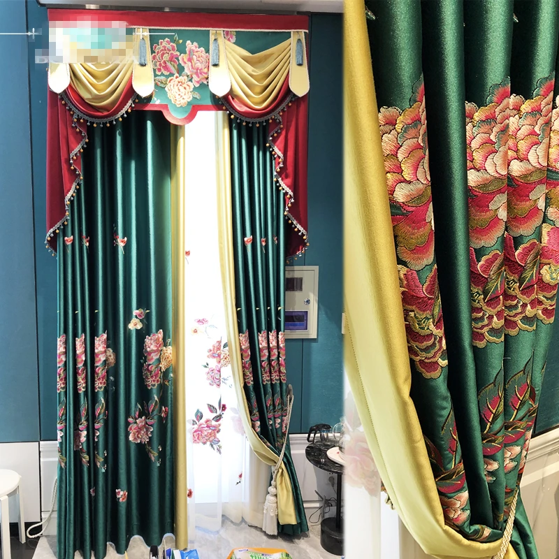 

Custom luxury villa bedroom imitation silk shading classical green cloth blackout curtain tulle valance drape C1569