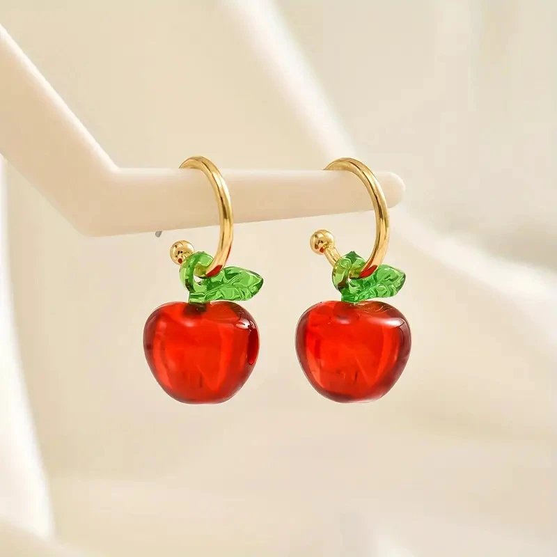 Sweet Cute Red Apple Shaped Earrings For Women Full Rhinestone Strawberry Rose Flower Green Leaf Earring Wedding Party Jewelry