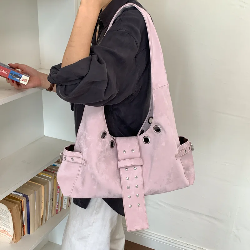 Belt Buckle Women Luxury Designer Handbag and Purses PU Rivet Multiple Pockets Y2K Large Capacity Shoulder Bag Commute Big Totes view 3